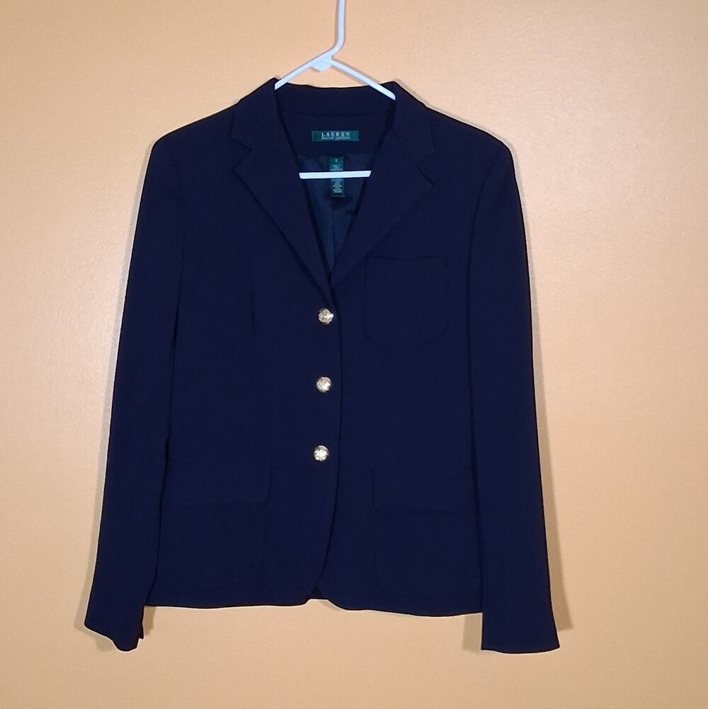 Lauren Ralph Lauren Women's Navy Wool Blazer Gold Crest Buttons Business Size 6